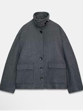 Zara | Dark Gray Wool-Blend High Neck Pea Coat | NWT Size Small